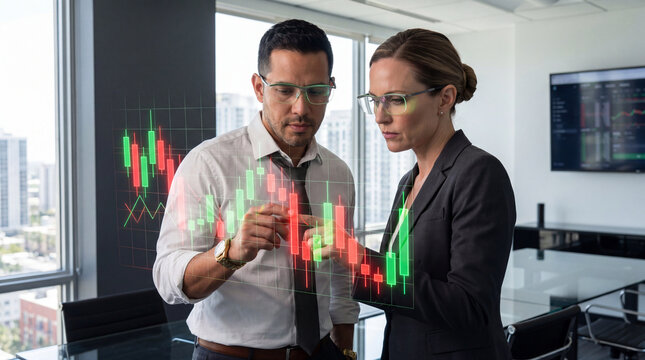 Financial analysts reviewing a candlestick chart hologram in a corporate office