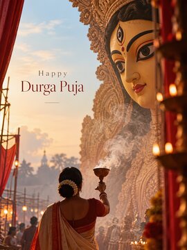 Devotee offering prayers during Durga Puja festival with large idol in vibrant outdoor setting
