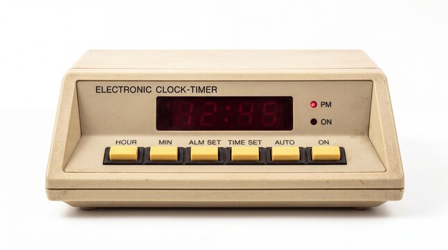 Vintage beige plastic digital alarm clock featuring red led display screen and buttons on white background