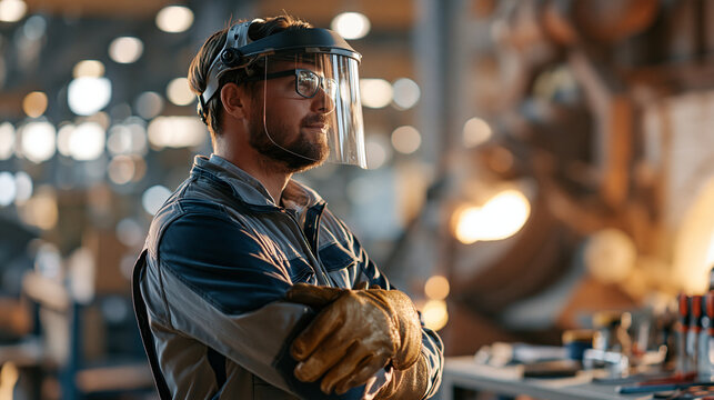 Rear view of a confident european refractory technician wearing a face shield standing beside a furnace inside a bright industrial melt shop glowing metal light visible nearby clean