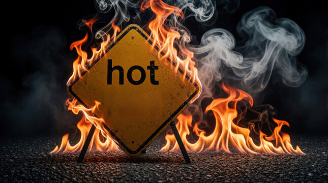 Yellow warning sign with word hot engulfed in flames and smoke sits on asphalt road. Danger signal indicates extreme heat or fire hazard, extreme temperature alert.