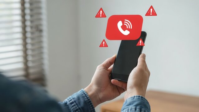 Person holding a smartphone displaying a red notification with a telephone symbol and multiple warning signs for scam calls