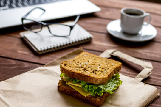 concept of lunch in officeat work top view