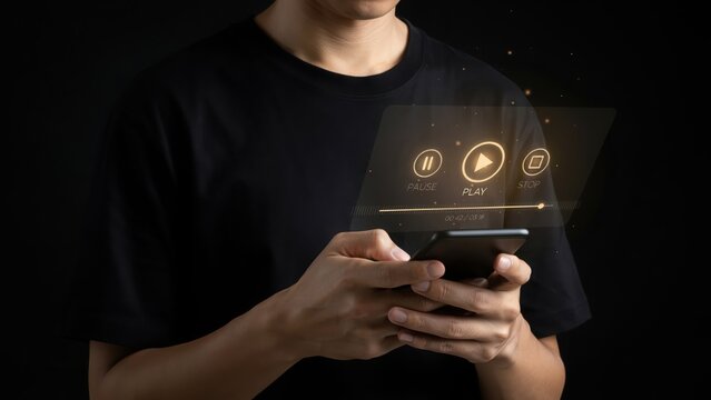 Person holding a smartphone with a digital holographic media player interface displaying play pause and stop against a dark black background