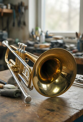 Obraz premium Musical instrument repair and maintenance, brass trumpet on a workbench in a workshop with cleaning tools and polishing cloth for professional restoration