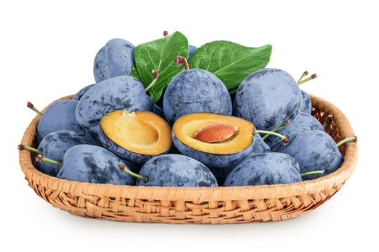 fresh blue plum in wicker basket isolated on white background.
