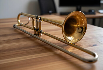 Obraz premium Music education and performance, brass trombone instrument resting on a wooden desk in a home office setting for creative arts and hobby practice