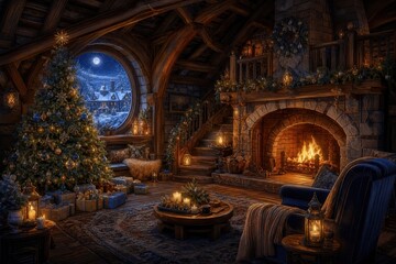 Obraz premium Cozy Christmas cabin interior with fireplace and tree