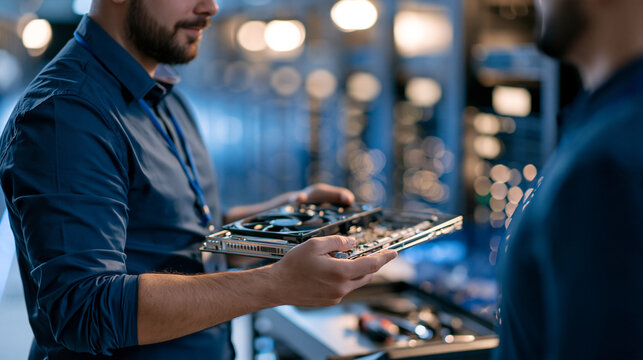 Over the shoulder view of a confident european colocation technician holding a replacement fan tray inside a bright colocation data center aisle rows of customer server cabinets blurred