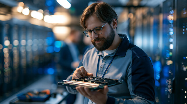 Over the shoulder view of a confident european colocation technician holding a replacement fan tray inside a bright colocation data center aisle rows of customer server cabinets blurred