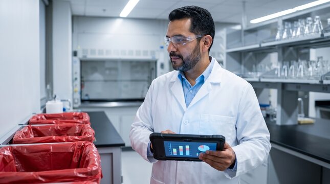 Laboratory manager reviewing biohazard waste data on a tablet at a lab waste station