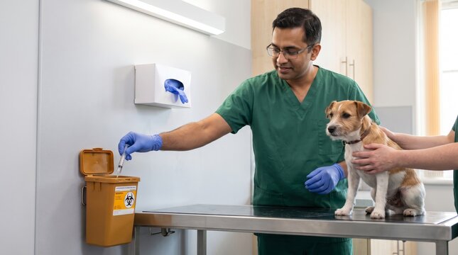 Veterinary surgeon disposing of a used syringe into a sharps container beside a dog