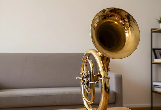 Music education and classical performance, golden brass mellophone instrument standing on a wooden table in a modern living room interior for hobby