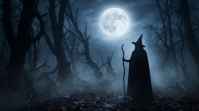 Mysterious witch silhouette wearing a pointed hat stands in dark foggy woods under bright full moon during chilly autumn night