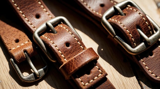 Close-up view of handmade leather straps with sturdy metal buckles. Detailed stitching, distressed leather texture visible. Accessory parts rest on wooden surface, suggesting artisanal quality,