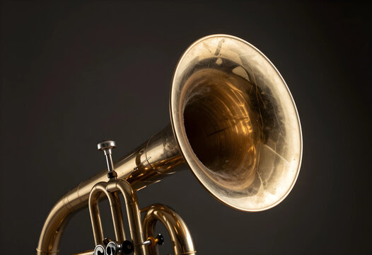 Music performance and jazz culture, vintage brass flugelhorn instrument with metallic texture and patina on a dark moody background for artistic design