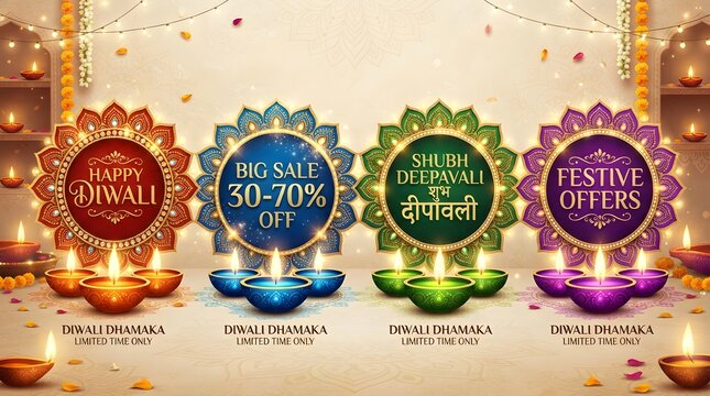 Diwali dhamaka festive sale banners with colorful mandalas and diyas