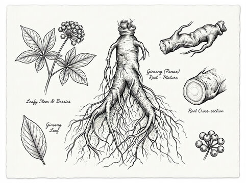 Botanical illustration of ginseng plant with leaves, berries, and mature root, isolated on white background