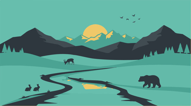 Flat vector illustration of mountain wilderness landscape with river silhouettes of bear deer and rabbits at sunset