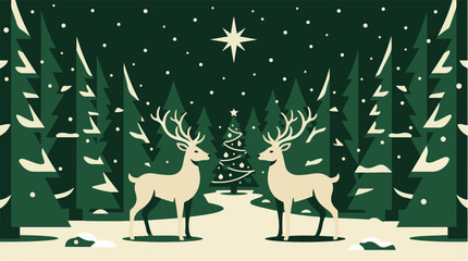 Naklejka premium Christmas vector illustration with two reindeer in snowy pine forest under shining star for holiday greeting card