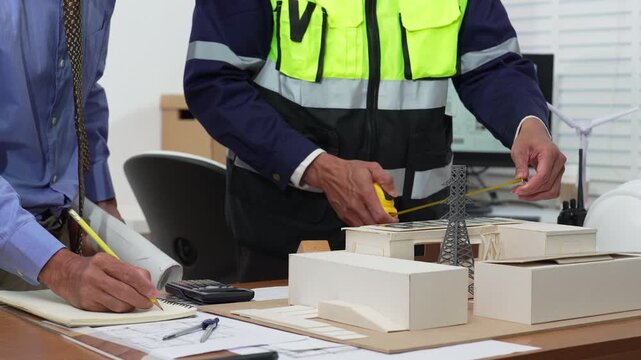 Architects or engineer holding pen pointing equipment architects on laptop with on on architectural project at construction site at desk in office.