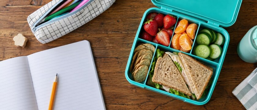 healthy school lunch with turkey sandwich, crackers, strawberries, mandarins and cucumber beside notebook, pencil case and water bottle