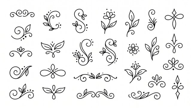 Floral and botanical flourish vector icon set containing ornaments dividers leaves vines and floral accents for wedding invitations stationary and greeting cards