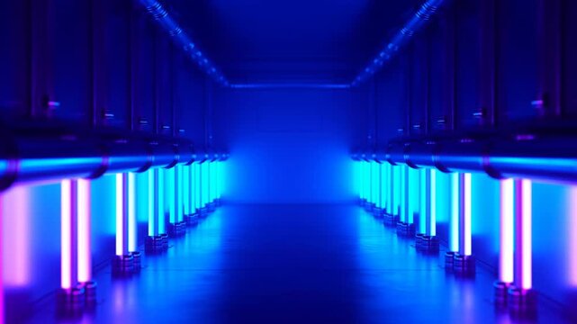 Purple neon corridor with reflective floor and symmetrical glowing pipe lights