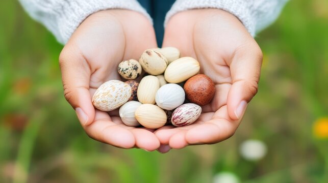 Hands Holding Colorful Eggs Surrounded by Greenery, Celebrating Nature and Seasonal Joy