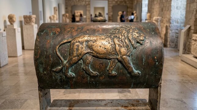 Ancient metal artifact with lion relief in museum
