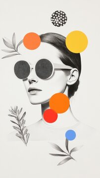 Contemporary Art Fusion: Stylish Woman with Abstract Shapes and Nature Elements
