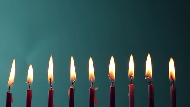 Nine metallic pink and purple birthday candles burning in a row against a dark blue background, isolated. Happy Birthday card design concept.  Bottom lower border edge a lot of copy space. 
