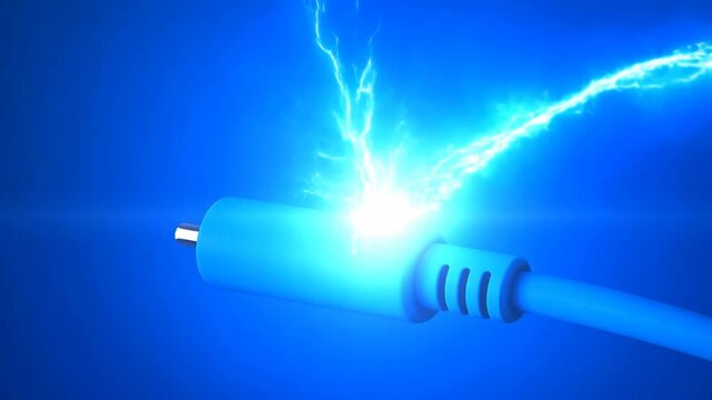 Blue Electric Cable Emitting Glowing Lightning Sparks on Dark Background