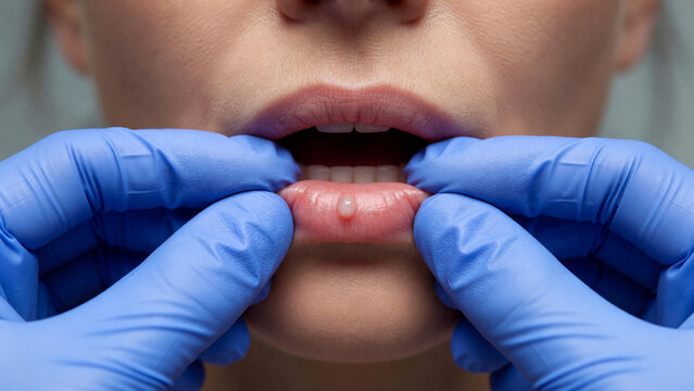 Doctor in gloves examining herpes sore on woman lip, healthcare diagnosis and dermatology treatment