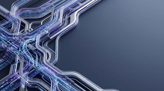 Photonic circuit board with glowing blue fiber optic data streams and transparent conduits on dark surface