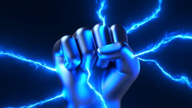 Metallic Fist Emitting Glowing Blue Lightning Bolts on Dark Background