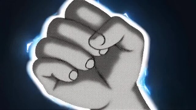 Clenched fist surrounded by electric lightning in bold black and white halftone design