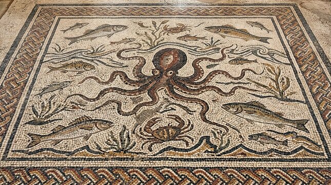 Ancient Roman mosaic with octopus and fish