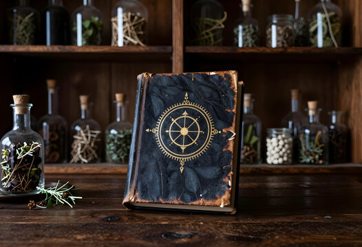 Alchemy and herbal medicine research, ancient book with compass symbol on cover standing on wooden table with apothecary jars of dried plants and herbs