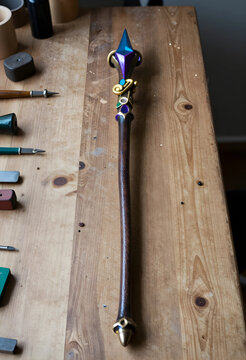 Fantasy magic wand creation, artisan craftsmanship and prop making for cosplay, handmade wooden staff with gemstone detail on a workshop workbench