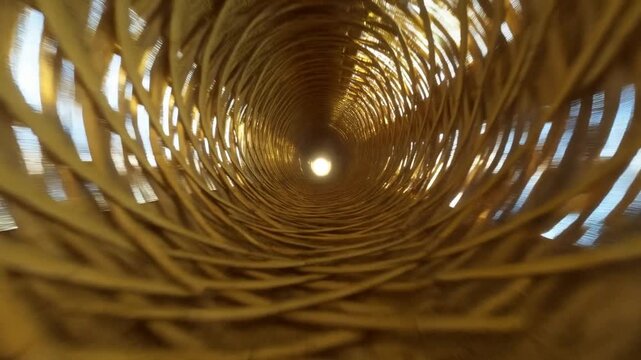 View through woven wicker tube looking towards bright light at the end