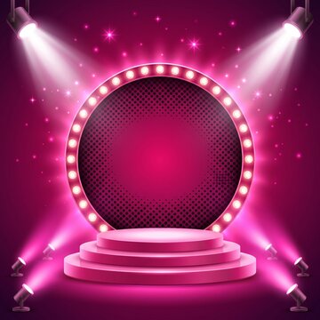 Pink round stage podium with glowing lights and spotlights for product display