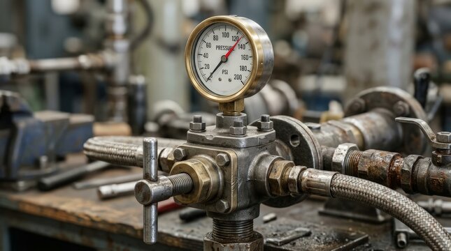 A close up view of an industrial water meter mounted on a complex system of metallic pipes and valves inside a workshop, featuring a dial with a red needle pointing to the measurement