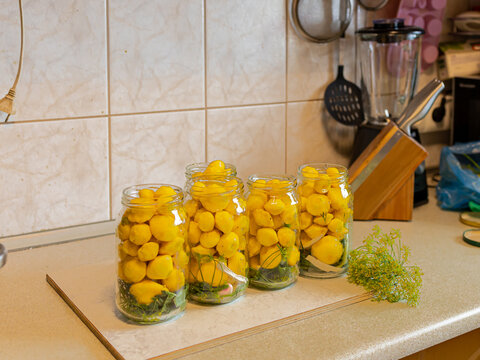 Homemade Pattypan Squash Preserves Arranged in Glass Jars. Several sealed glass jars filled with yellow pattypan squash are arranged in a neat group on a kitchen counter. Fresh dill beside the jars 