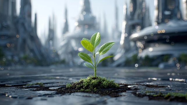 Vibrant green sapling sprouts from fertile soil amidst a futuristic metallic city landscape under soft bright natural morning sunlight glow