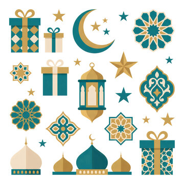 Islamic Festive Element Collection with Crescent Moon Lanterns Mosque Dome Islamic Patterns and Gift Boxes