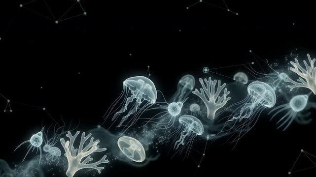 An ethereal underwater tableau unfolds with translucent jellyfish drifting gracefully alongside delicate coral formations against a deep, starry abyss.