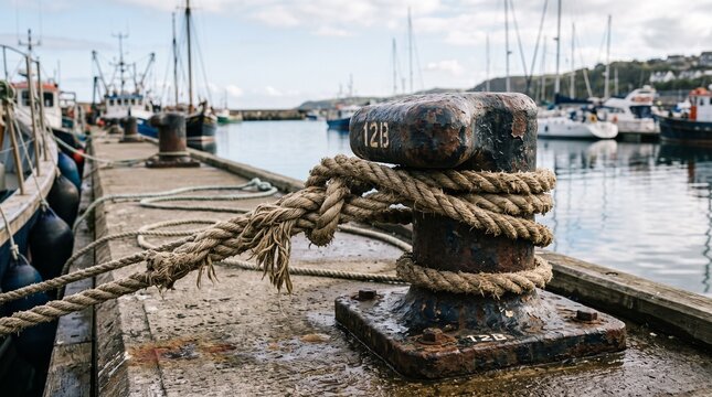 Old rusty mooring bollard with thick rope securely tied on dockside in busy harbor.