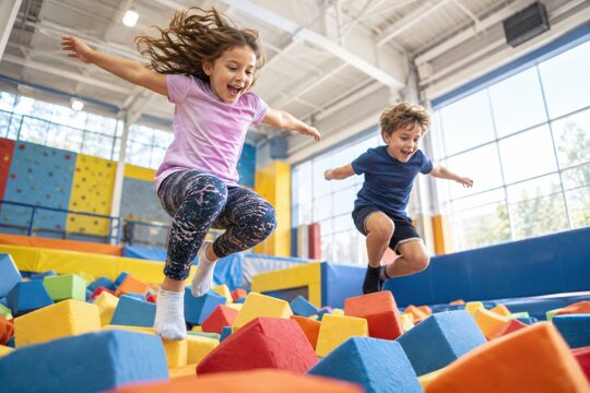 Joyful Children Jumping into a Colorful Foam Pit at Indoor Playground