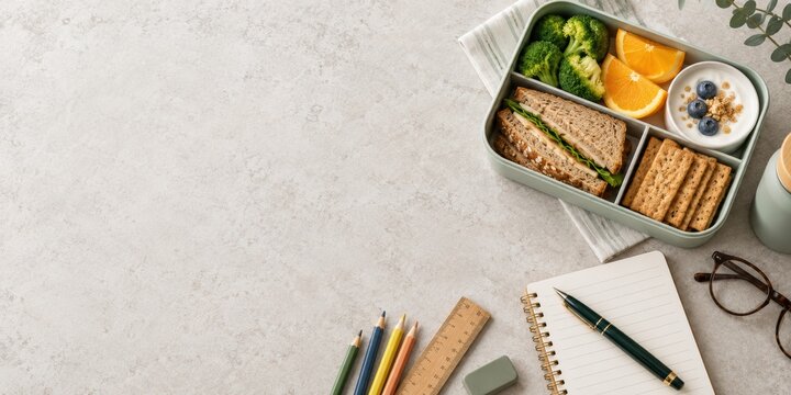 healthy school lunch served in a bento box, sandwich broccoli oranges crackers yogurt on a student desk with notebook pencils ruler glasses, textured stone background